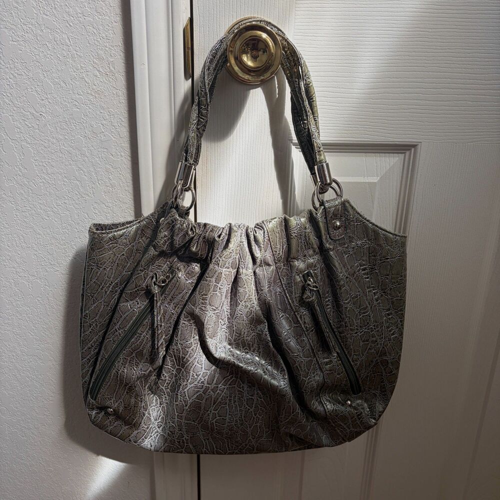 y2k metallic olive croc-embossed faux leather slouchy hobo shoulder bag